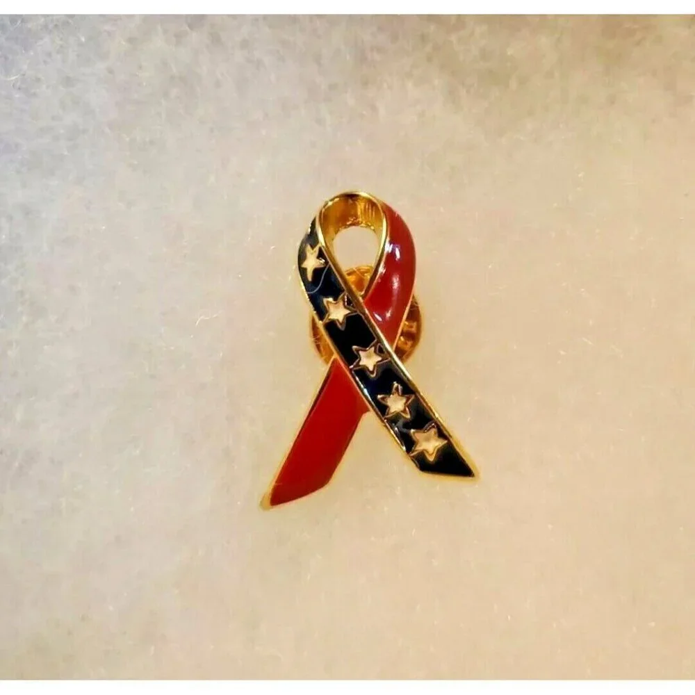 Red and Blue Starry Patriotic Enamel Ribbon Pinback Lapel Pin